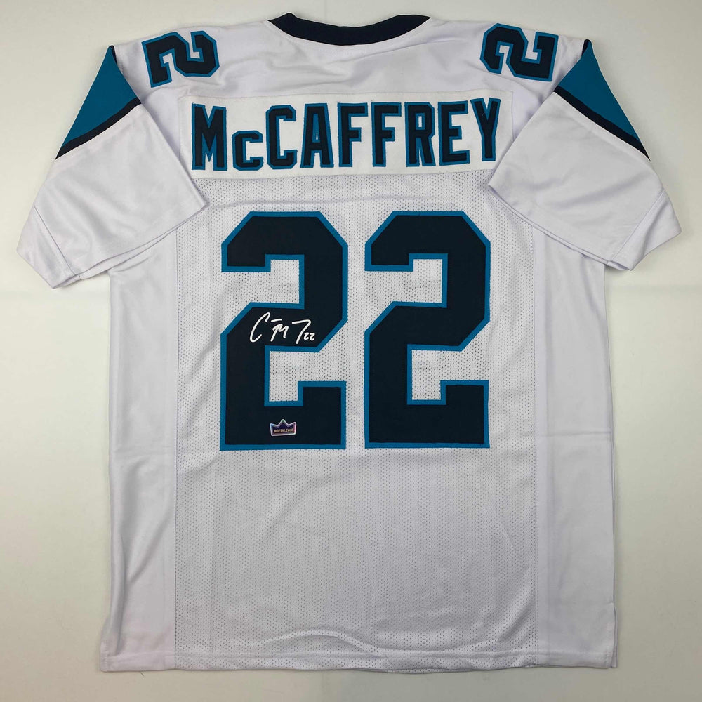 Facsimile Autographed Christian McCaffrey Carolina White Reprint Laser Auto Football Jersey Size Men's XL (ONLINE ORDER ONLY)