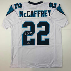 Facsimile Autographed Christian McCaffrey Carolina White Reprint Laser Auto Football Jersey Size Men's XL (ONLINE ORDER ONLY)