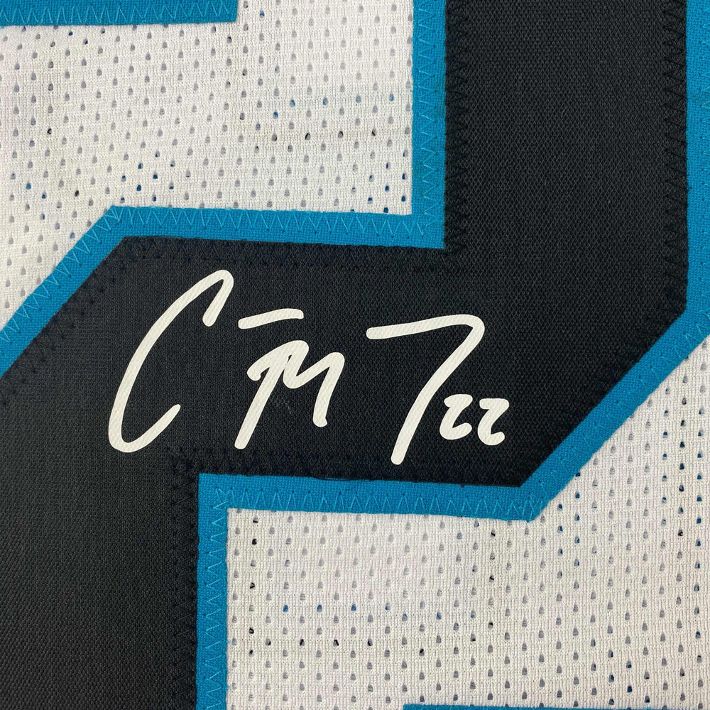 Facsimile Autographed Christian McCaffrey Carolina White Reprint Laser Auto Football Jersey Size Men's XL (ONLINE ORDER ONLY)