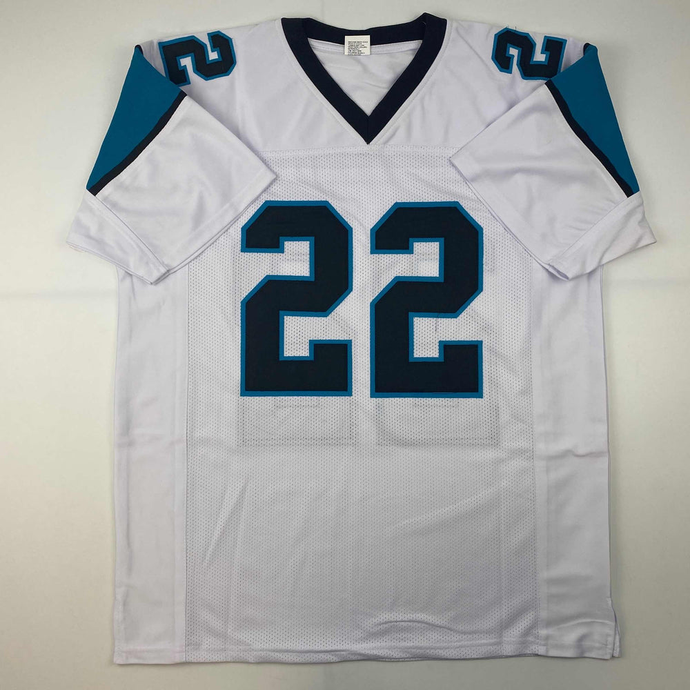 Facsimile Autographed Christian McCaffrey Carolina White Reprint Laser Auto Football Jersey Size Men's XL (ONLINE ORDER ONLY)