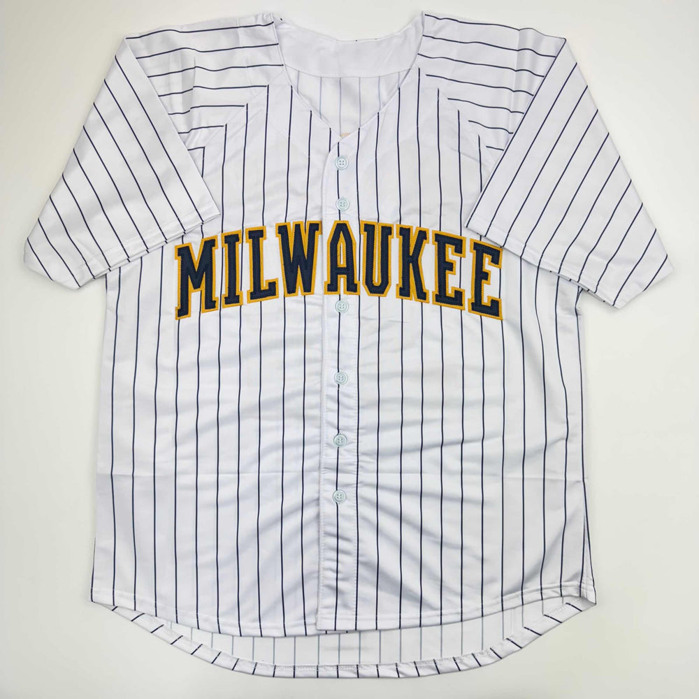 Autographed/Signed Jacob Misiorowski Milwaukee Pinstripe Baseball Jersey Prova COA (ONLINE ORDER ONLY)