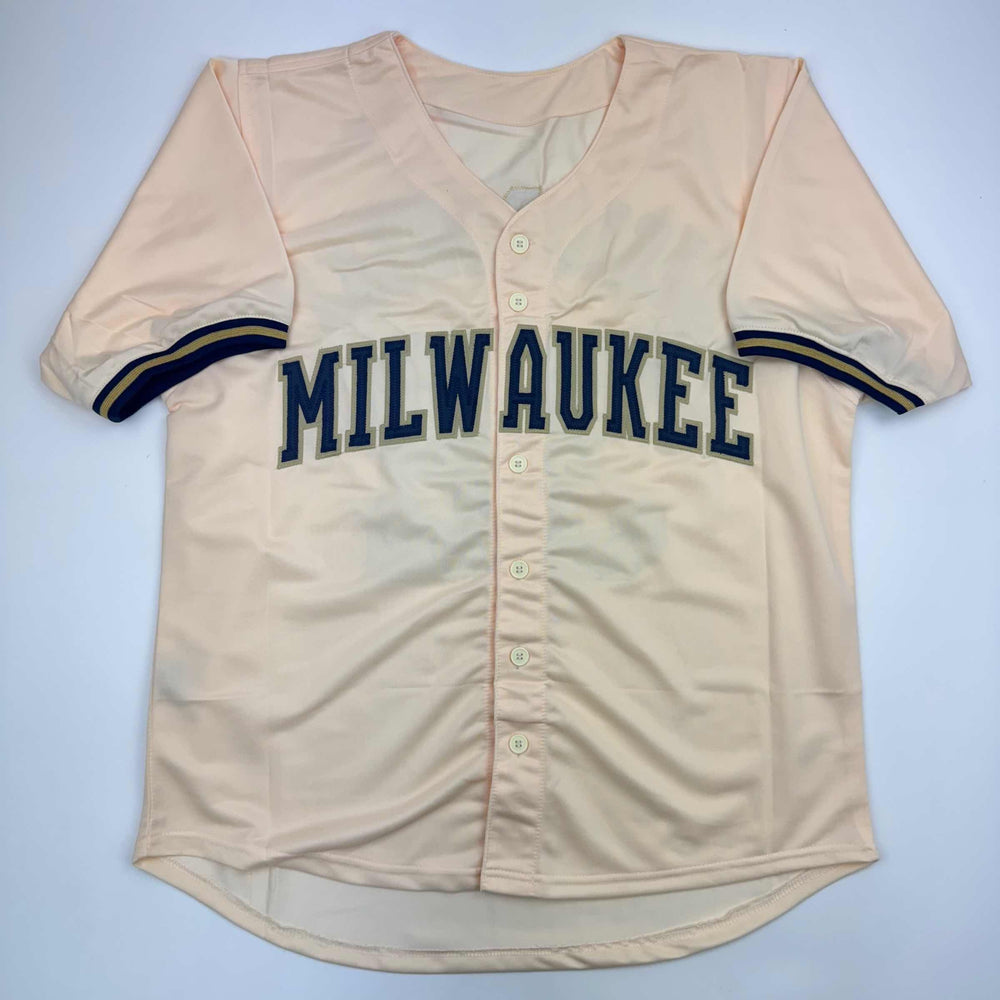 Autographed/Signed Jacob Misiorowski Milwaukee Cream Baseball Jersey Prova COA (ONLINE ORDER ONLY)