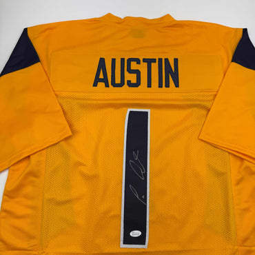Autographed/Signed Tavon Austin West Virginia Yellow College Football Jersey JSA COA (ONLINE ORDER ONLY)