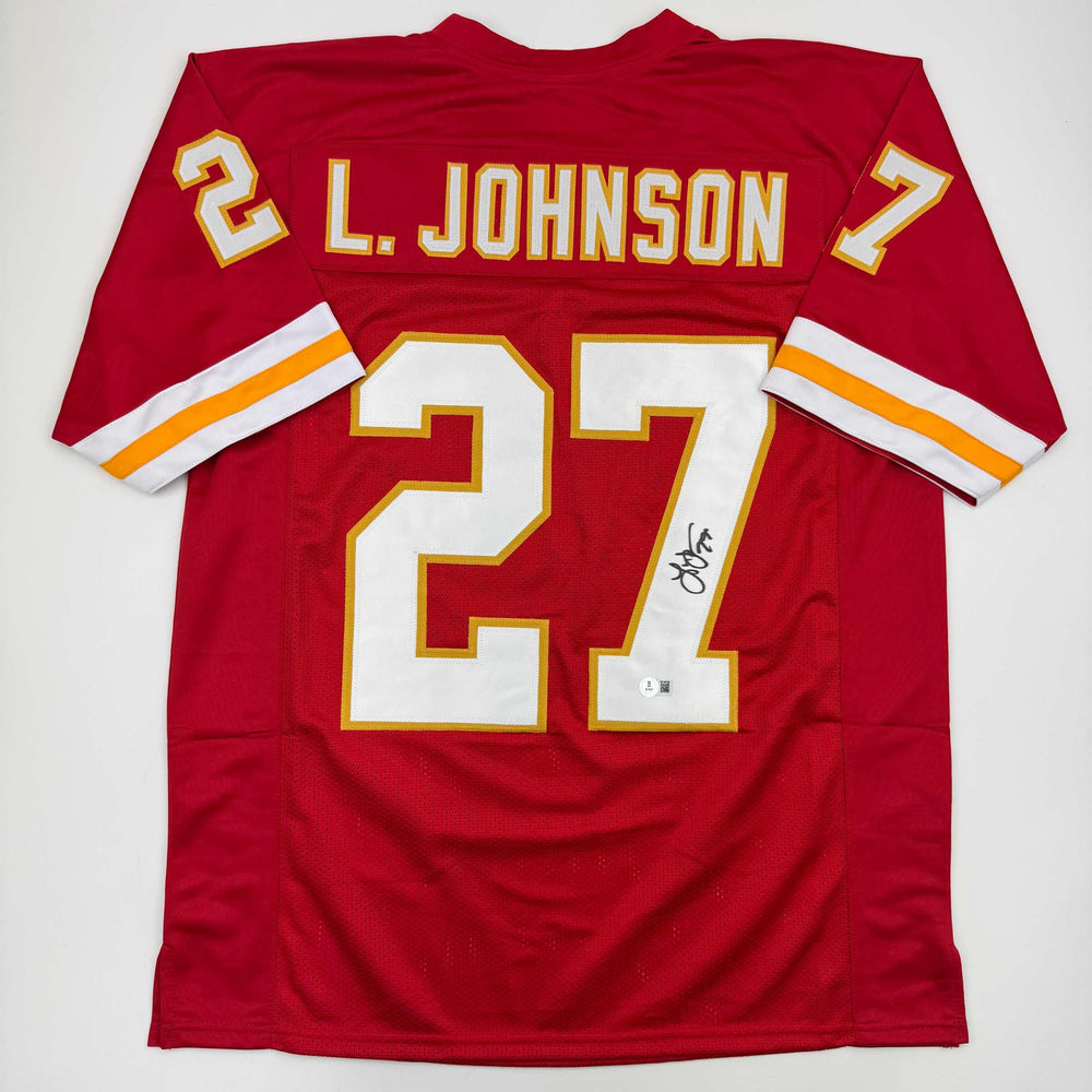 Autographed/Signed Larry Johnson Kansas City Red Football Jersey Beckett BAS COA (ONLINE ORDER ONLY)