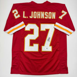 Autographed/Signed Larry Johnson Kansas City Red Football Jersey Beckett BAS COA (ONLINE ORDER ONLY)