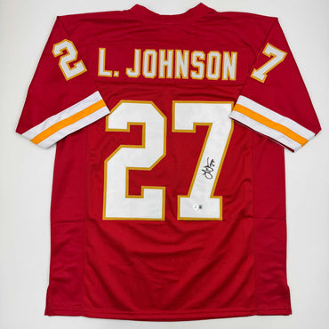 Autographed/Signed Larry Johnson Kansas City Red Football Jersey Beckett BAS COA (ONLINE ORDER ONLY)