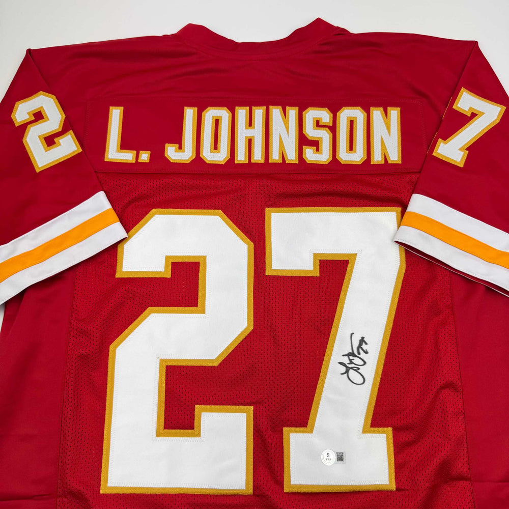 Autographed/Signed Larry Johnson Kansas City Red Football Jersey Beckett BAS COA (ONLINE ORDER ONLY)