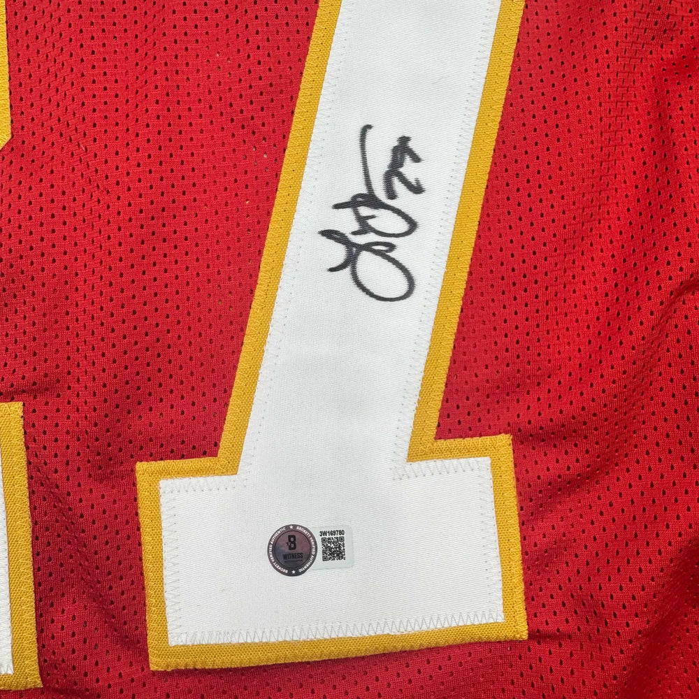 Autographed/Signed Larry Johnson Kansas City Red Football Jersey Beckett BAS COA (ONLINE ORDER ONLY)