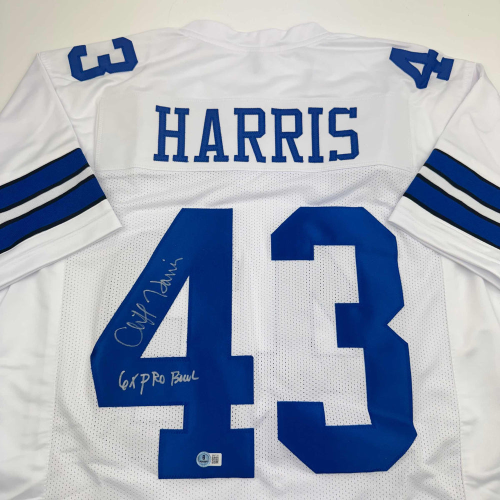 Autographed/Signed Cliff Harris Dallas White Football Jersey Beckett BAS COA (ONLINE ORDER ONLY)