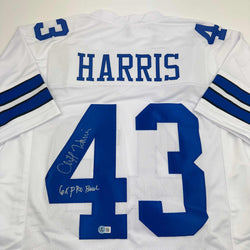 Autographed/Signed Cliff Harris Dallas White Football Jersey Beckett BAS COA (ONLINE ORDER ONLY)