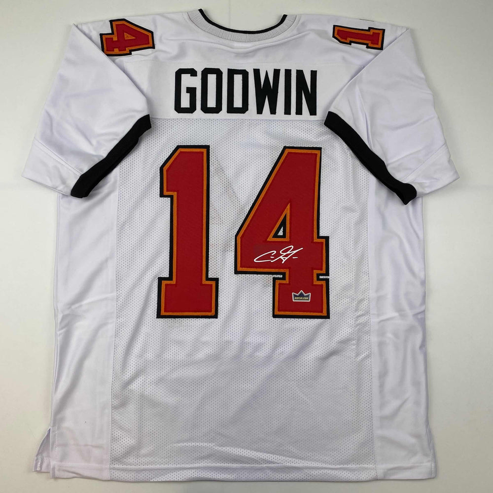 Facsimile Autographed Chris Godwin Tampa Bay White Reprint Laser Auto Football Jersey Size Men's XL (ONLINE ORDER ONLY)