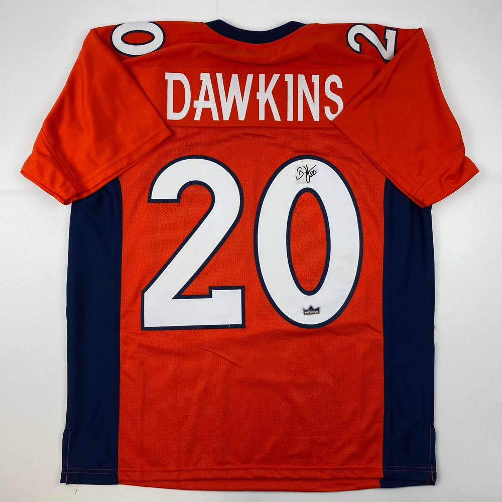 Facsimile Autographed Brian Dawkins Denver Orange Reprint Laser Auto Football Jersey Size Men's XL (ONLINE ORDER ONLY)