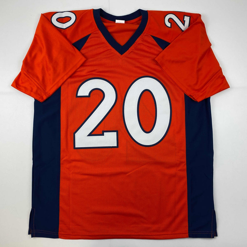 Facsimile Autographed Brian Dawkins Denver Orange Reprint Laser Auto Football Jersey Size Men's XL (ONLINE ORDER ONLY)