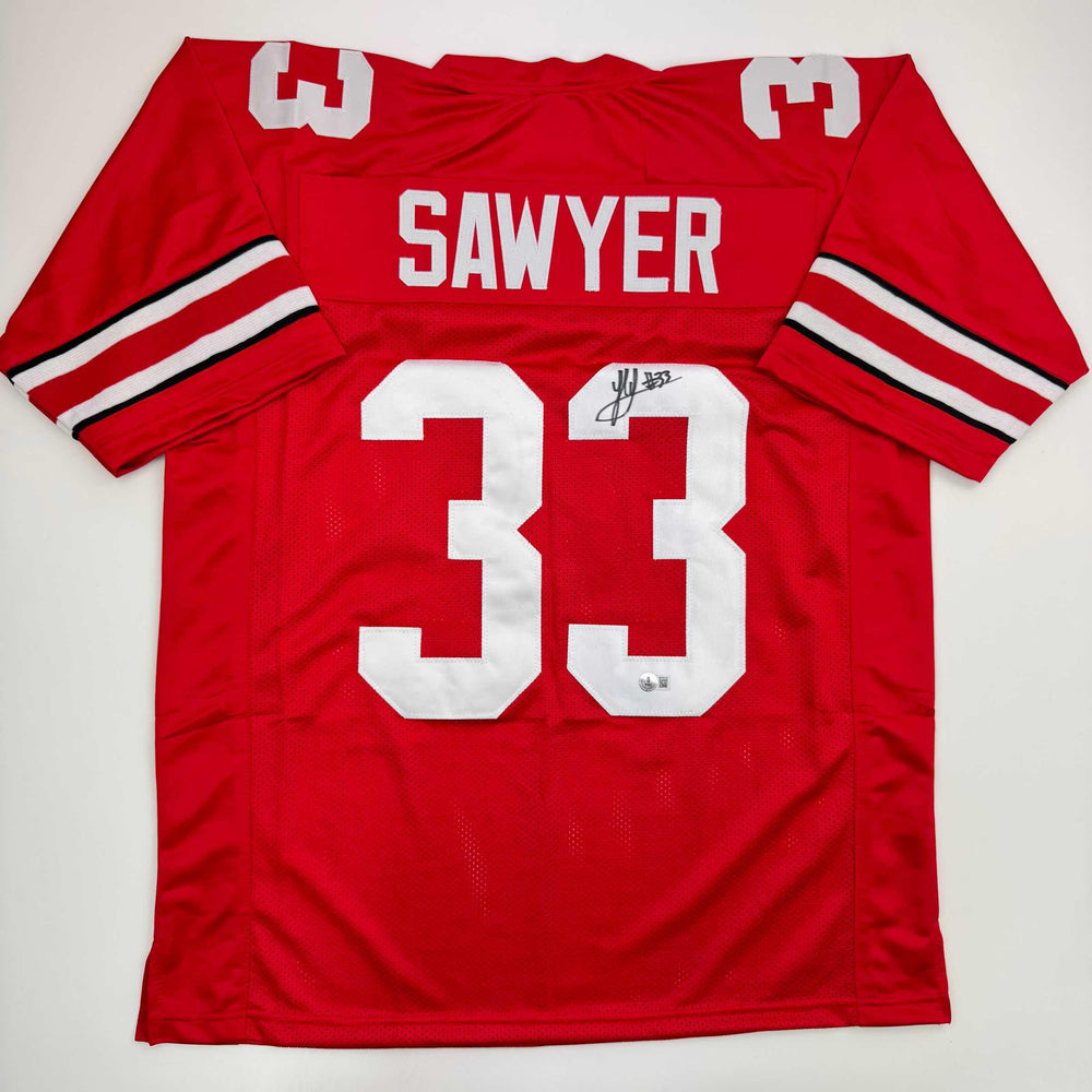 Autographed/Signed Jack Sawyer Ohio State Red College Football Jersey Beckett BAS COA (ONLINE ORDER ONLY)