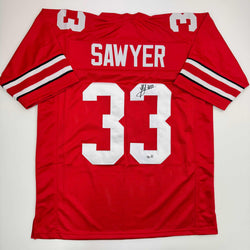 Autographed/Signed Jack Sawyer Ohio State Red College Football Jersey Beckett BAS COA (ONLINE ORDER ONLY)
