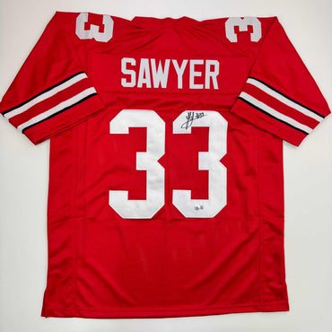 Autographed/Signed Jack Sawyer Ohio State Red College Football Jersey Beckett BAS COA (ONLINE ORDER ONLY)