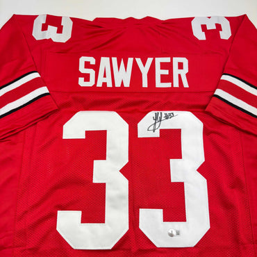 Autographed/Signed Jack Sawyer Ohio State Red College Football Jersey Beckett BAS COA (ONLINE ORDER ONLY)
