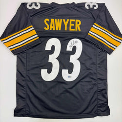 Autographed/Signed Jack Sawyer Pittsburgh Black Football Jersey Beckett BAS COA (ONLINE ORDER ONLY)
