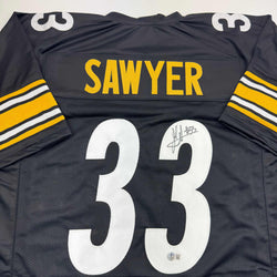 Autographed/Signed Jack Sawyer Pittsburgh Black Football Jersey Beckett BAS COA (ONLINE ORDER ONLY)