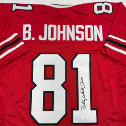 Autographed/Signed Billy White Shoes Johnson Atlanta Red Football Jersey JSA COA (ONLINE ORDER ONLY)