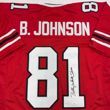Autographed/Signed Billy White Shoes Johnson Atlanta Red Football Jersey JSA COA (ONLINE ORDER ONLY)