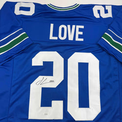 Autographed/Signed Julian Love Seattle Blue Retro Football Jersey JSA COA (ONLINE ORDER ONLY)