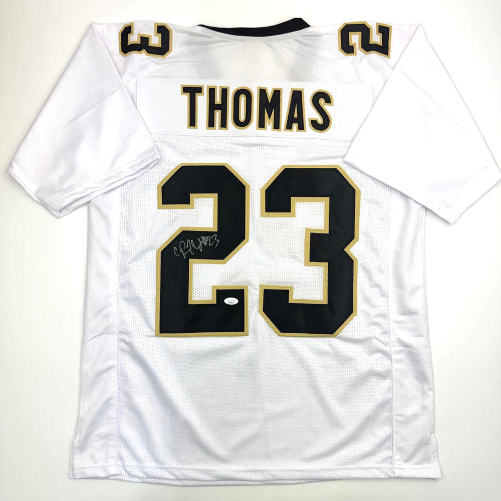 Autographed/Signed Pierre Thomas New Orleans White Football Jersey JSA COA (ONLINE ORDER ONLY)