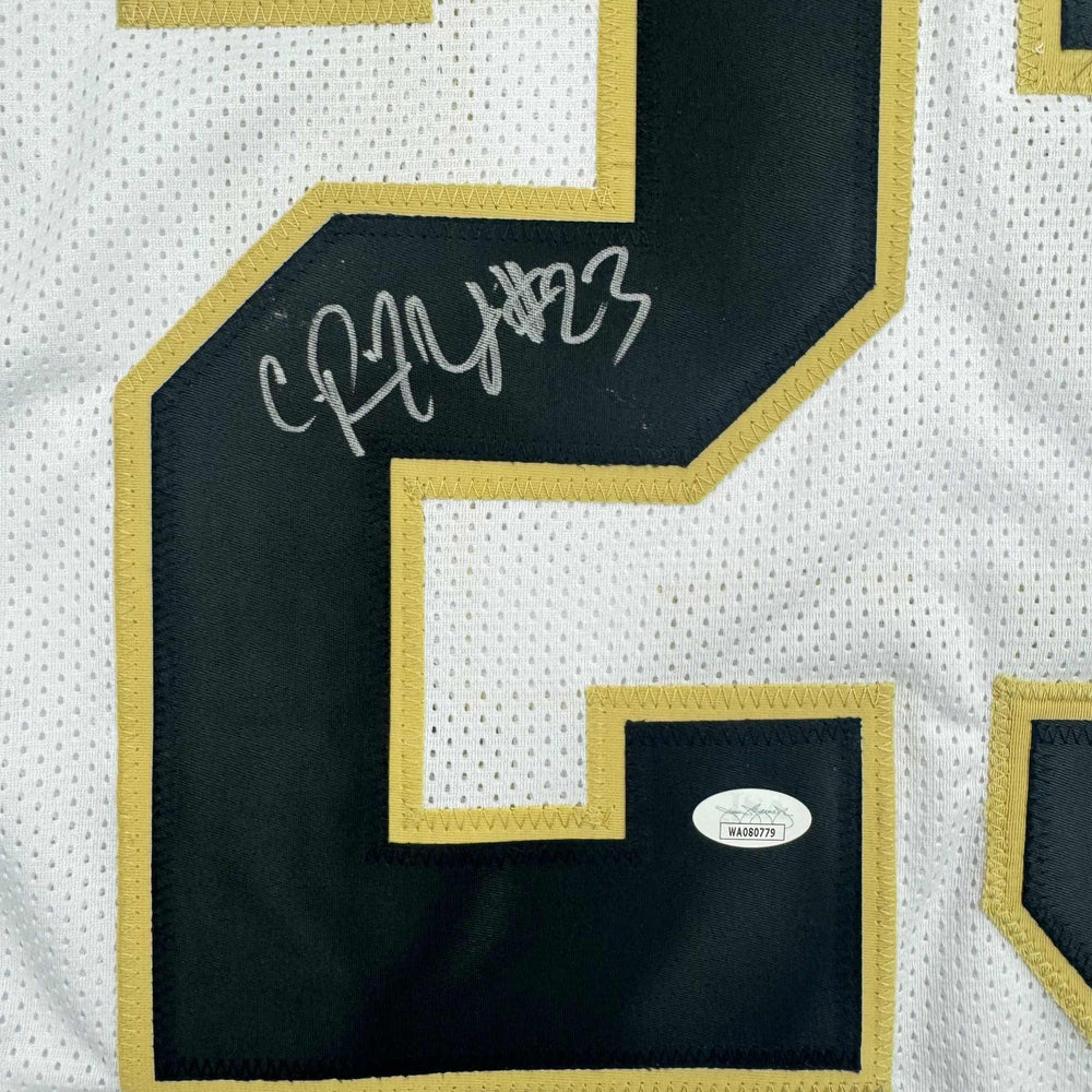 Autographed/Signed Pierre Thomas New Orleans White Football Jersey JSA COA (ONLINE ORDER ONLY)