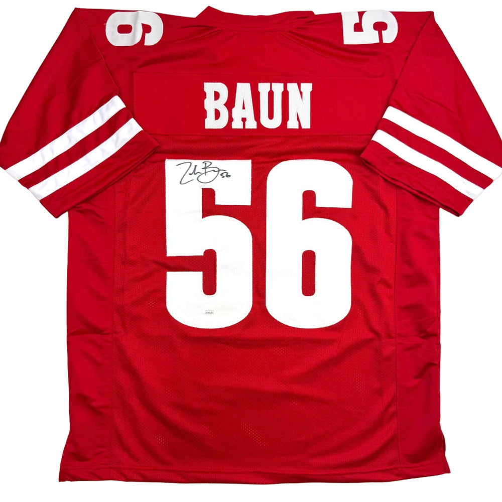 Autographed/Signed Zack Baun Wisconsin Red College Football Jersey JSA COA (ONLINE ORDER ONLY)