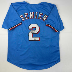 Facsimile Autographed Marcus Semien Texas Light Blue City Connect Reprint Laser Auto Baseball Jersey Size Men's XL (ONLINE ORDER ONLY)