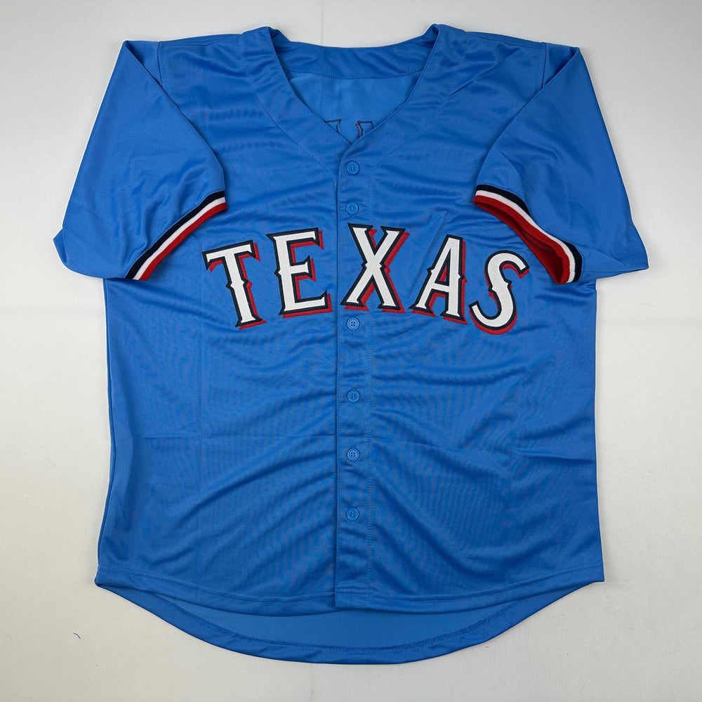Facsimile Autographed Marcus Semien Texas Light Blue City Connect Reprint Laser Auto Baseball Jersey Size Men's XL (ONLINE ORDER ONLY)