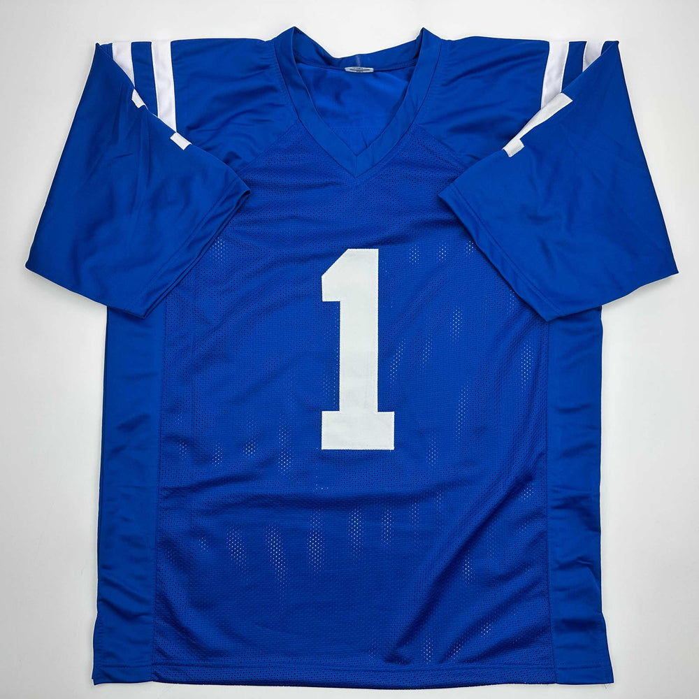 Facsimile Autographed Pat McAfee Indianapolis Blue Reprint Laser Auto Football Jersey Size Men's XL (ONLINE ORDER ONLY)