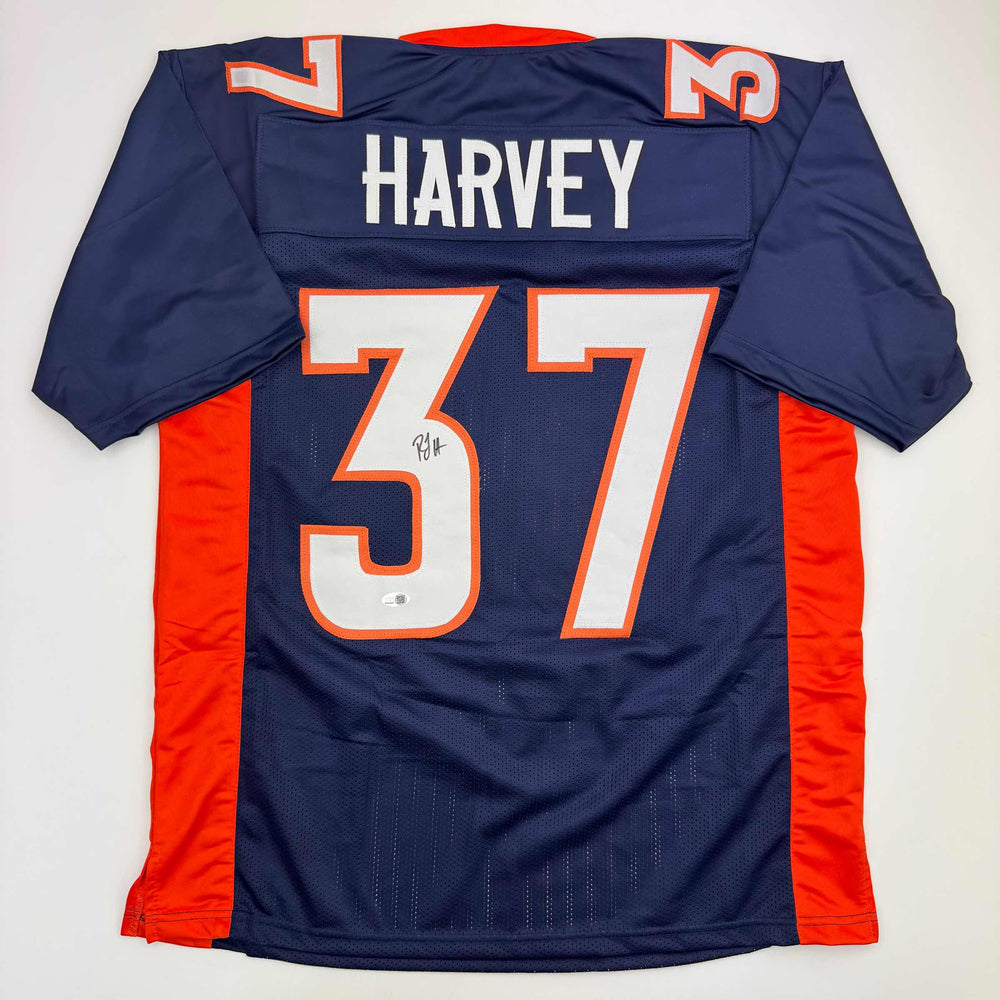 Autographed/Signed R.J RJ Harvey Denver Blue Football Jersey JAS COA (ONLINE ORDER ONLY)