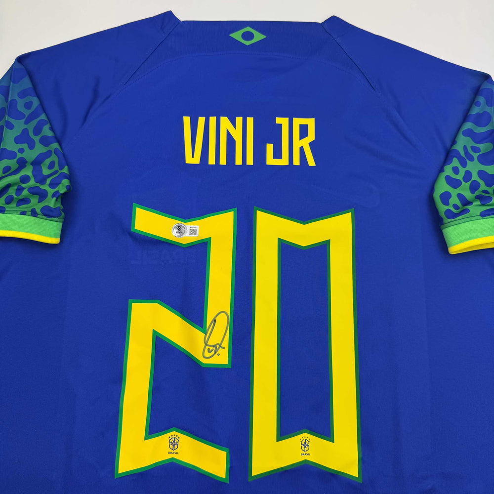Autographed/Signed Vini Vinicius Jr. Brazil Blue Soccer Jersey Beckett BAS COA (ONLINE ORDER ONLY)