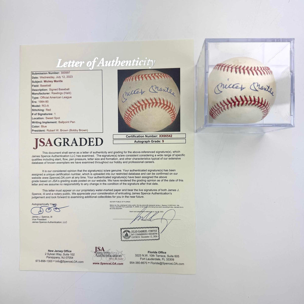 Autographed/Signed Mickey Mantle Rawlings Official American League ROA Sweet Spot Baseball JSA 9 Graded LOA (ONLINE ORDER ONLY)