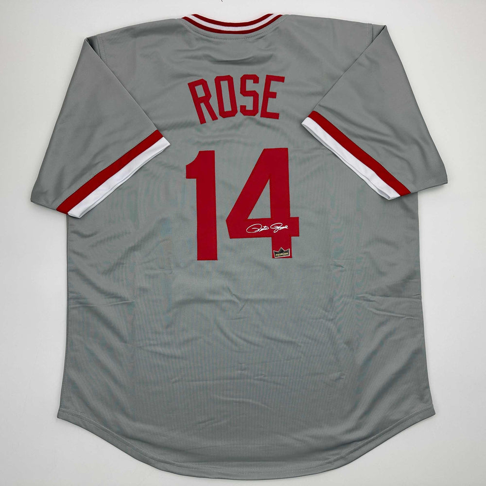 Facsimile Autographed Pete Rose Cincinnati Grey Reprint Laser Auto Baseball Jersey Size Men's XL (ONLINE ORDER ONLY)
