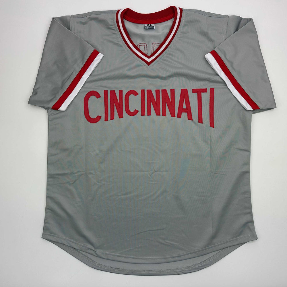 Facsimile Autographed Pete Rose Cincinnati Grey Reprint Laser Auto Baseball Jersey Size Men's XL (ONLINE ORDER ONLY)