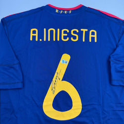 Autographed/Signed Andres Iniesta Spain Blue World Cup Soccer Futbol Jersey Beckett BAS COA (ONLINE ORDER ONLY)