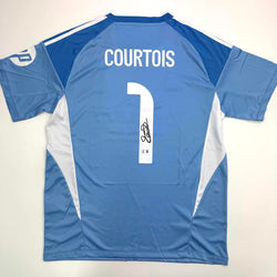 Autographed/Signed Thibaut Courtois Real Madrid Blue Soccer Jersey Beckett BAS COA (ONLINE ORDER ONLY)