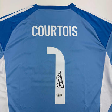 Autographed/Signed Thibaut Courtois Real Madrid Blue Soccer Jersey Beckett BAS COA (ONLINE ORDER ONLY)