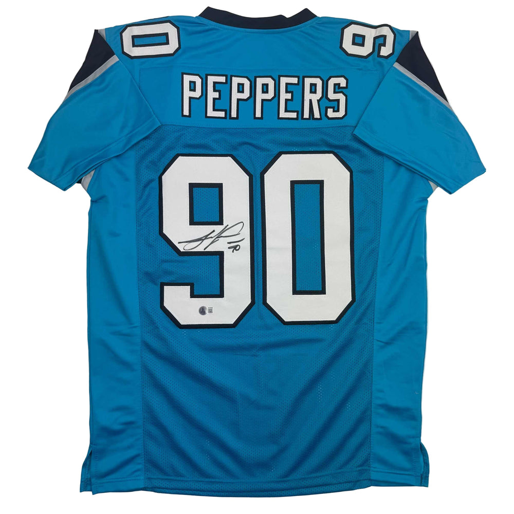 Autographed/Signed Julius Peppers Carolina Blue Football Jersey Beckett BAS COA (ONLINE ORDER ONLY)