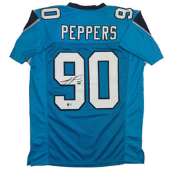 Autographed/Signed Julius Peppers Carolina Blue Football Jersey Beckett BAS COA (ONLINE ORDER ONLY)