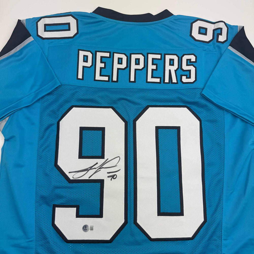 Autographed/Signed Julius Peppers Carolina Blue Football Jersey Beckett BAS COA (ONLINE ORDER ONLY)