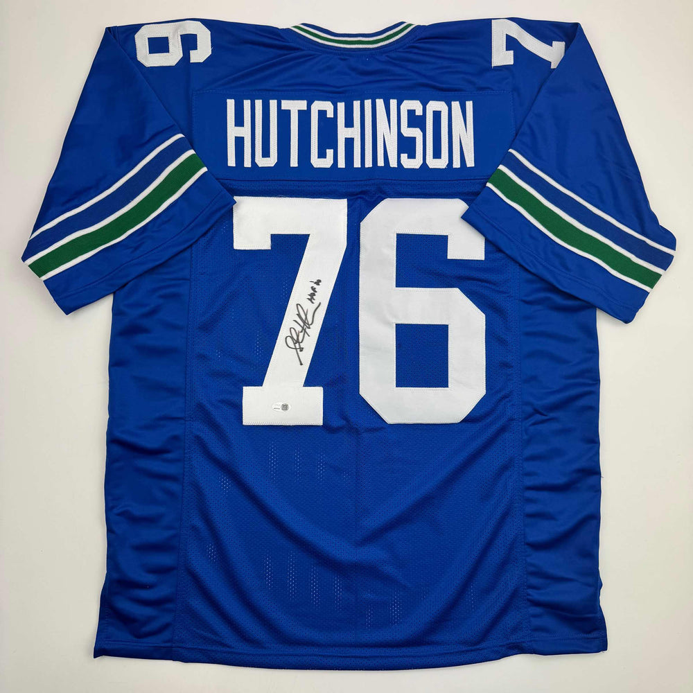 Autographed/Signed Steve Hutchinson HOF 20 Seattle Blue Football Jersey JSA COA (ONLINE ORDER ONLY)