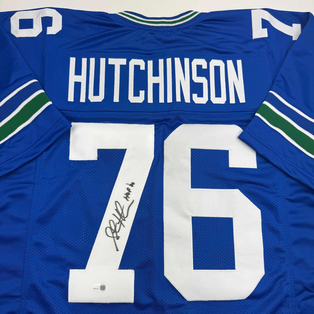 Autographed/Signed Steve Hutchinson HOF 20 Seattle Blue Football Jersey JSA COA (ONLINE ORDER ONLY)