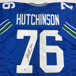 Autographed/Signed Steve Hutchinson HOF 20 Seattle Blue Football Jersey JSA COA (ONLINE ORDER ONLY)