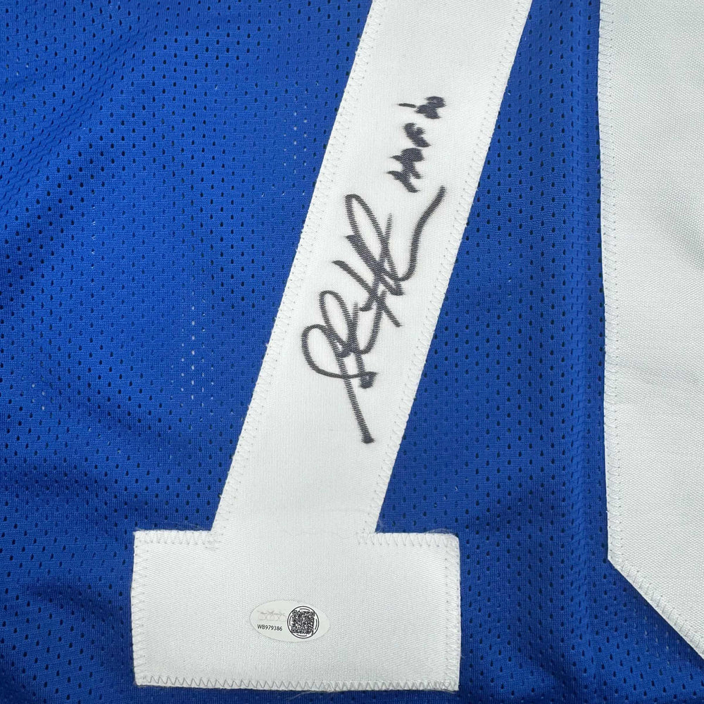 Autographed/Signed Steve Hutchinson HOF 20 Seattle Blue Football Jersey JSA COA (ONLINE ORDER ONLY)