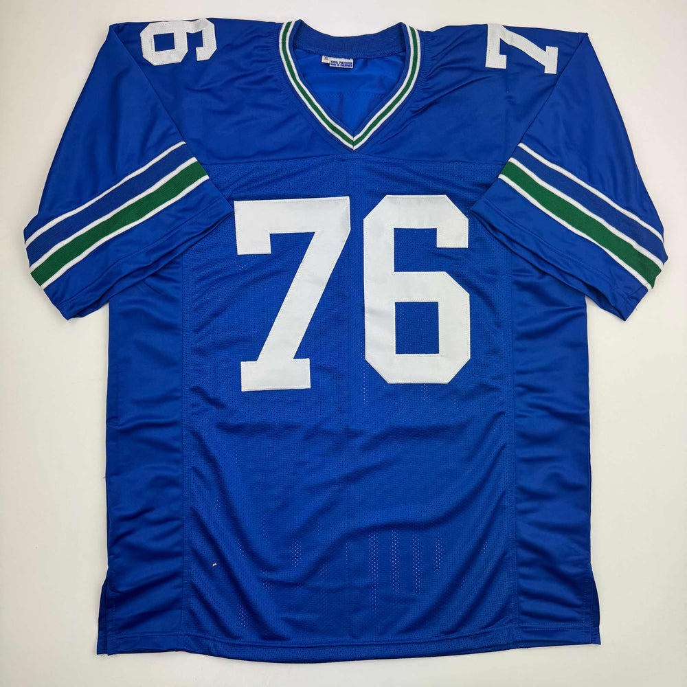 Autographed/Signed Steve Hutchinson HOF 20 Seattle Blue Football Jersey JSA COA (ONLINE ORDER ONLY)
