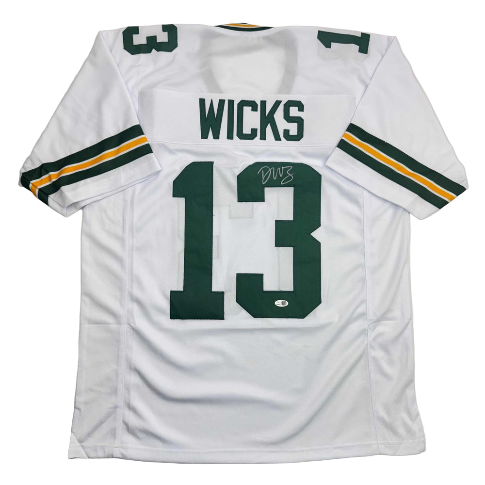 Autographed/Signed Dontayvion Wicks Green Bay White Football Jersey JSA COA (ONLINE ORDER ONLY)
