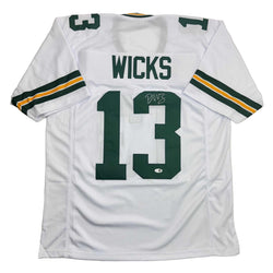Autographed/Signed Dontayvion Wicks Green Bay White Football Jersey JSA COA (ONLINE ORDER ONLY)